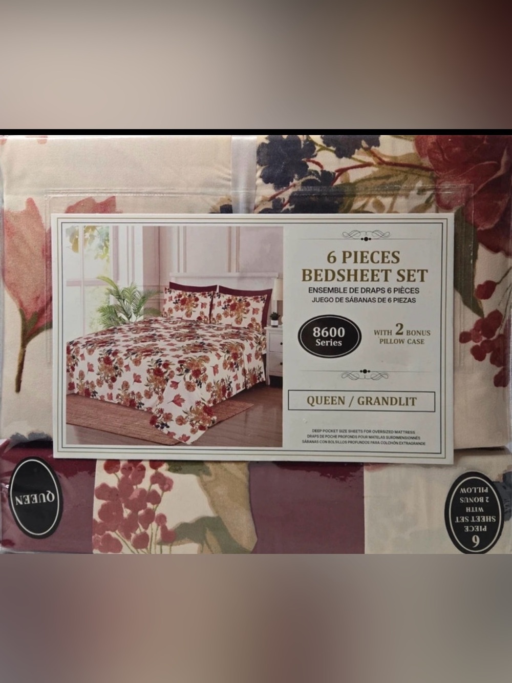 6-Piece Floral Queen Bedsheet Set - Burgundy Floral on Cream
